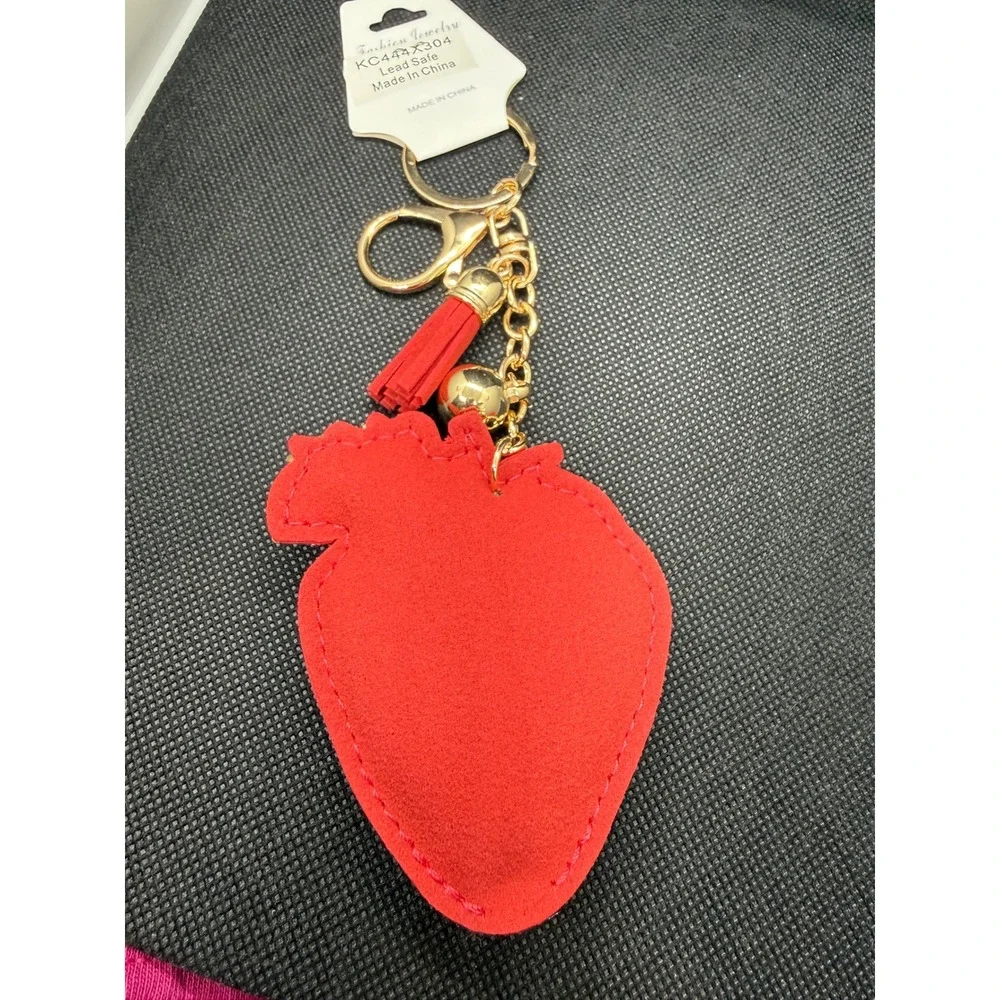 Puffy Red Rhinestone Strawberry Keychain Tassel Bell Bag Charm Gold Tone